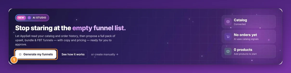 The AI Studio banner on the AppSell dashboard with the Generate my funnels button