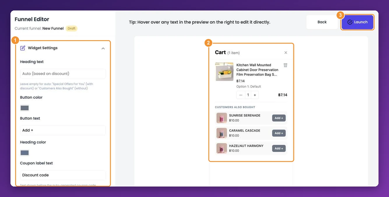 The funnel editor with Widget Settings and a preview of the offer inside a cart