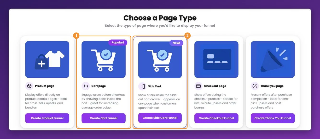 Choose a Page Type with Cart page and Side Cart highlighted