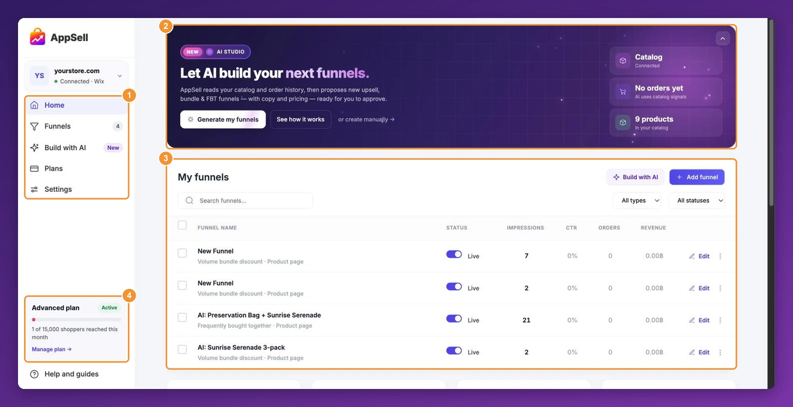 The AppSell dashboard home with the sidebar, the AI Studio banner, My funnels and the plan card