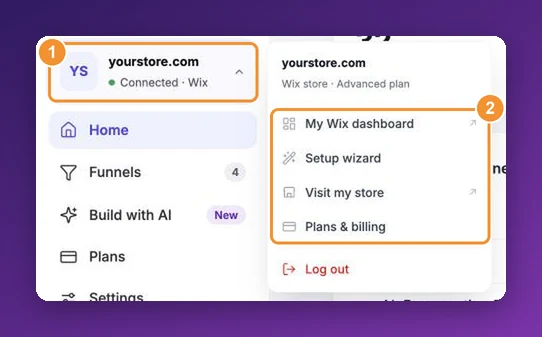 The store menu with My Wix dashboard, Setup wizard, Visit my store, Plans and billing, and Log out