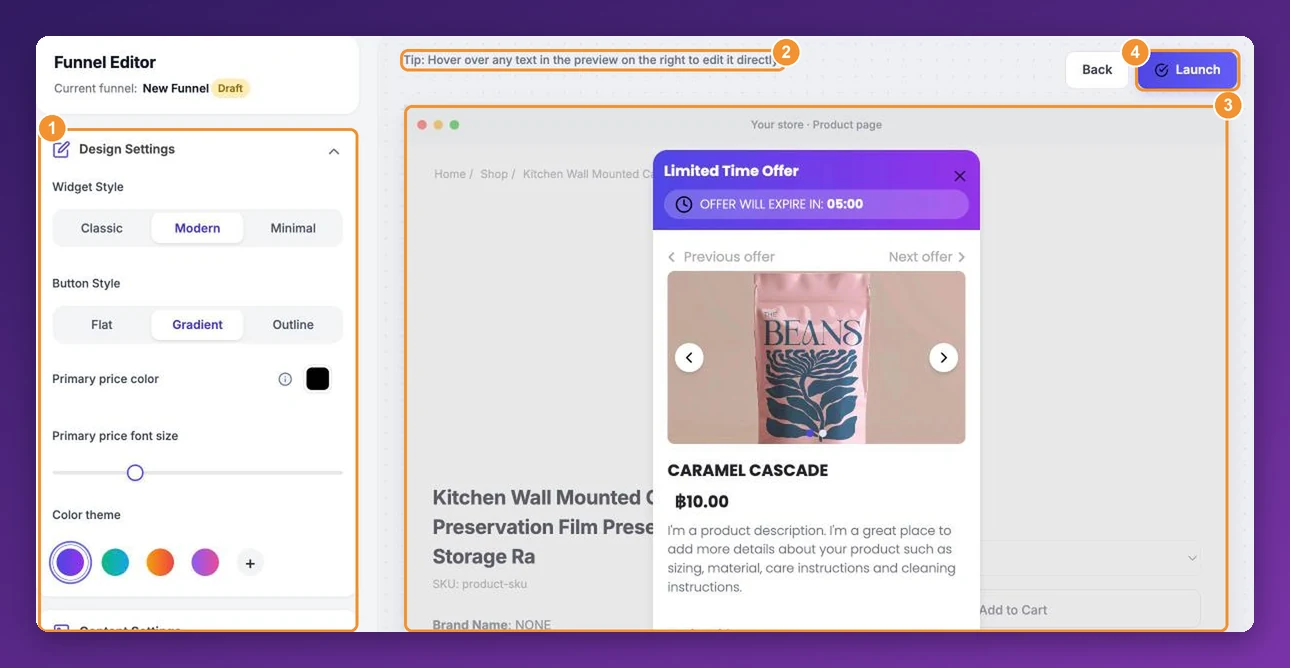 The Funnel Editor with the design settings on the left, the inline editing tip, the live preview and the Launch button