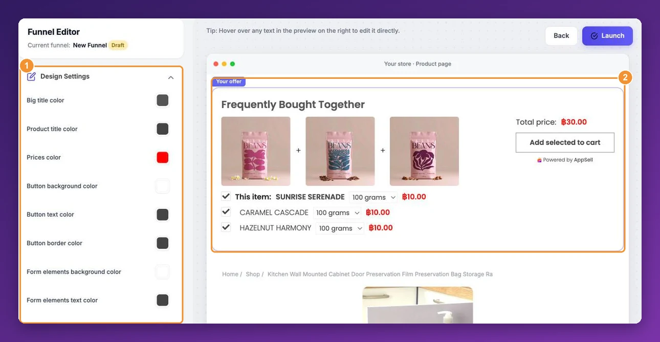 The Funnel Editor for a frequently bought together bundle with its colour settings and preview