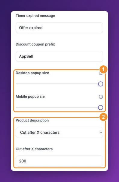 Features and Display: desktop and mobile popup size sliders and the product description setting