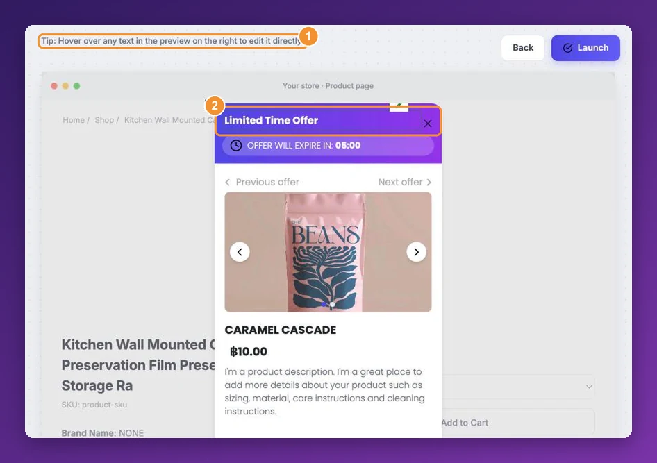 Hovering over the Limited Time Offer headline in the preview shows that it can be edited