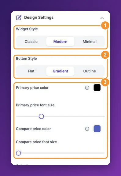 Design Settings: Widget Style, Button Style and the price colour and size controls
