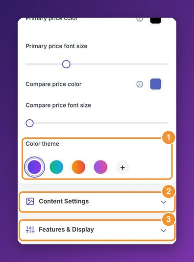 The Color theme swatches with the plus button, and the Content Settings and Features and Display sections