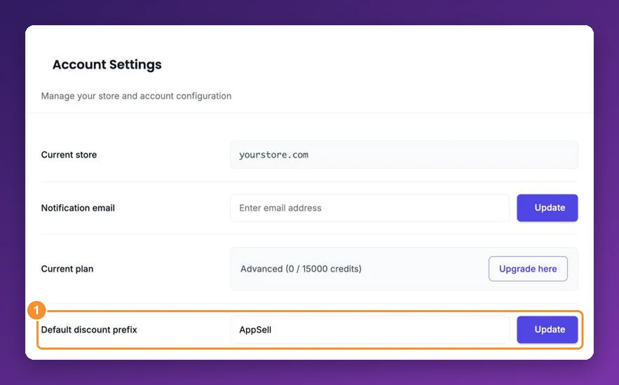 Settings page with the Default discount prefix field