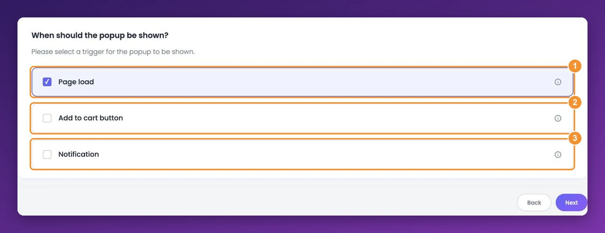 Popup trigger options: Page load, Add to cart button and Notification