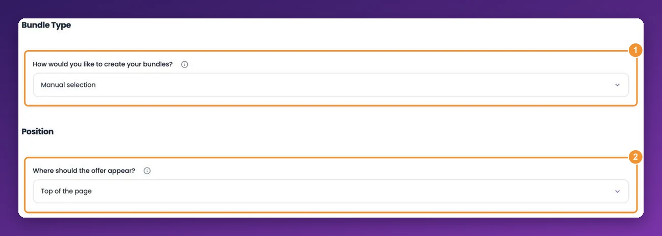 Bundle Type set to Manual selection and Position set to Top of the page