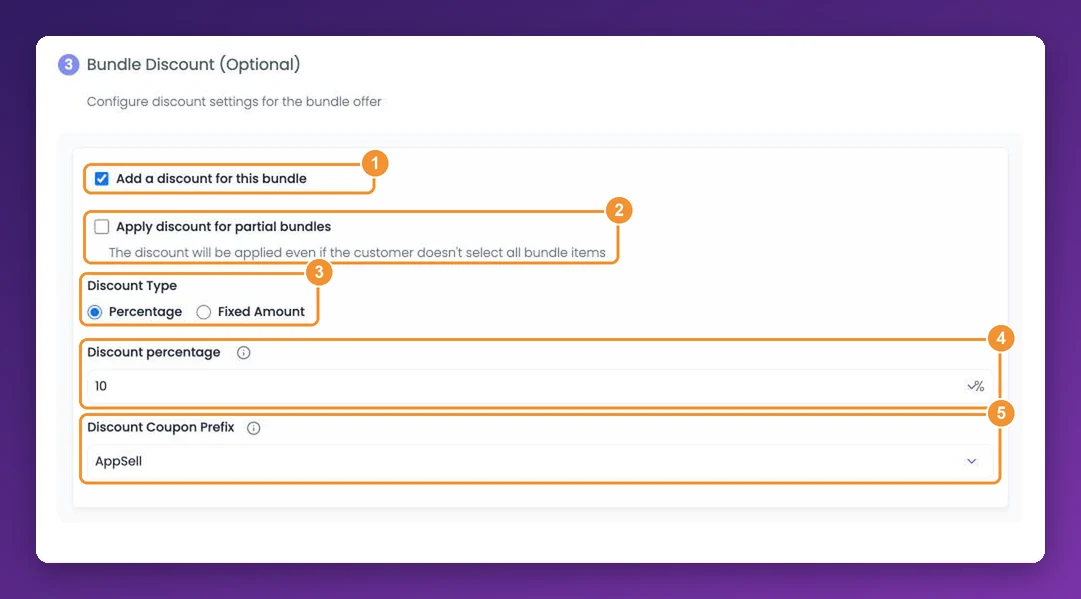 Bundle Discount settings: add a discount, partial bundles, discount type, percentage and coupon prefix
