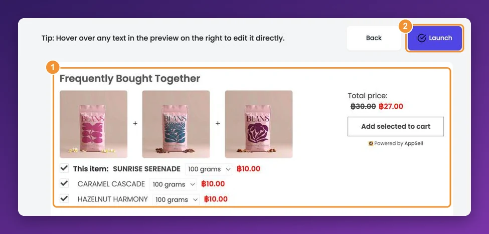 The funnel editor preview of a frequently bought together bundle