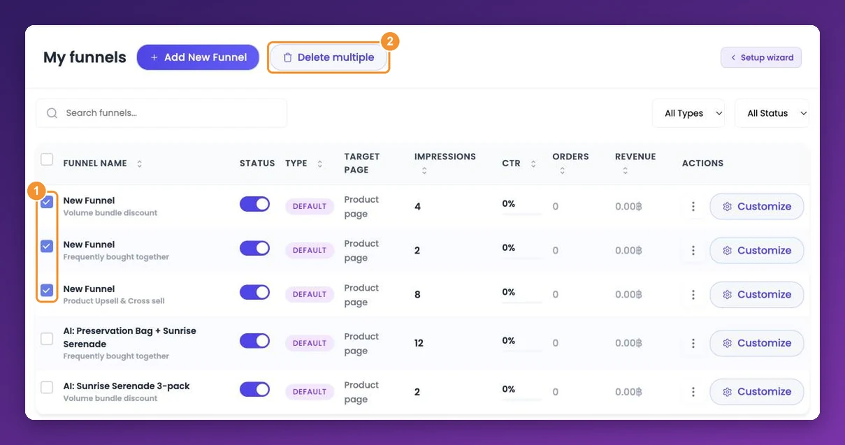Three funnels ticked in My funnels with the Delete multiple button showing