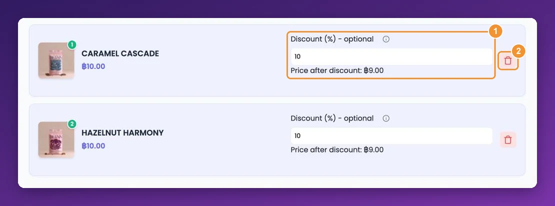 Product discount fields with Price after discount shown