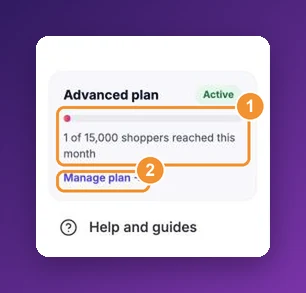 The plan card in the AppSell sidebar showing 1 of 15,000 shoppers reached this month and Manage plan