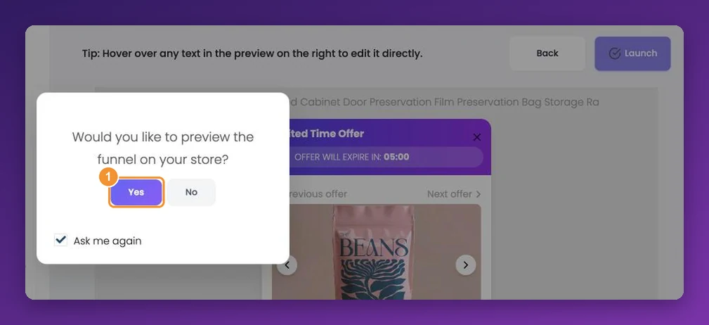 After Launch: Would you like to preview the funnel on your store? with Yes and No buttons