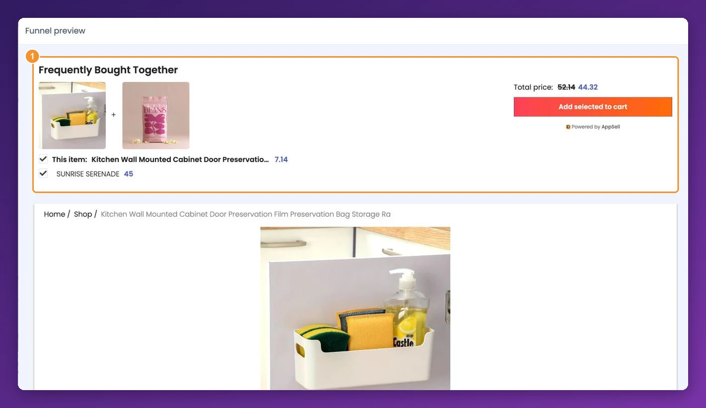 The Funnel preview window showing a frequently bought together offer above a sample product page