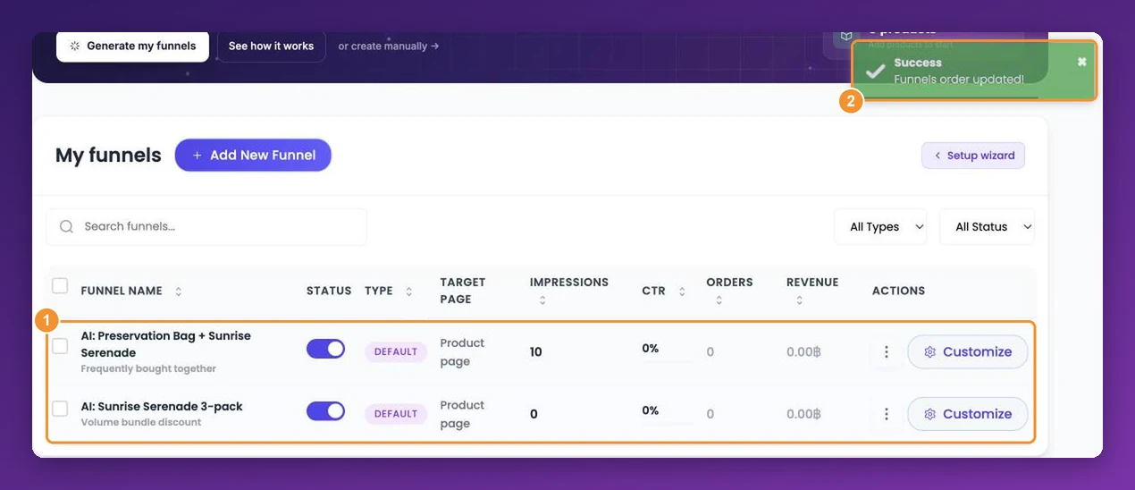 The My funnels list with rows that can be dragged, and the Funnels order updated confirmation