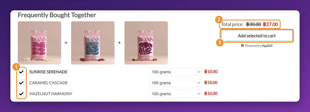 A frequently bought together bundle on a live product page with three products, a total price and Add selected to cart