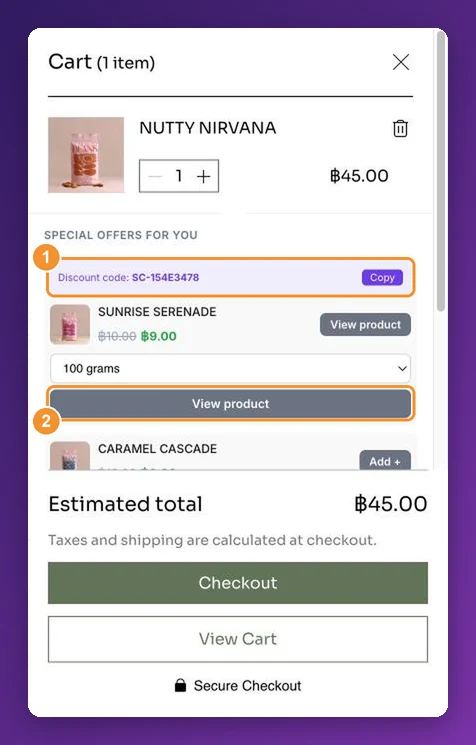 A side cart offer with the shopper’s discount code and Copy button