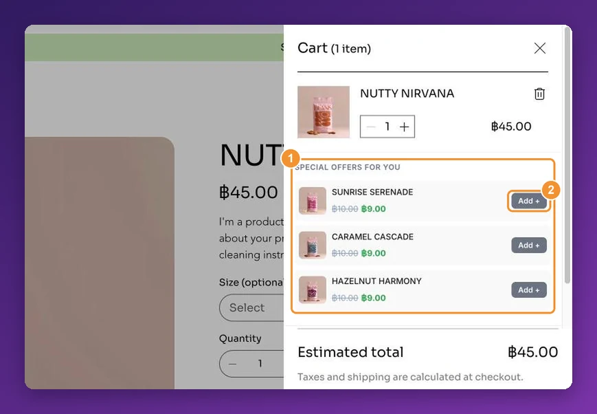A Wix side cart with a Special offers for you list of three discounted products and Add buttons