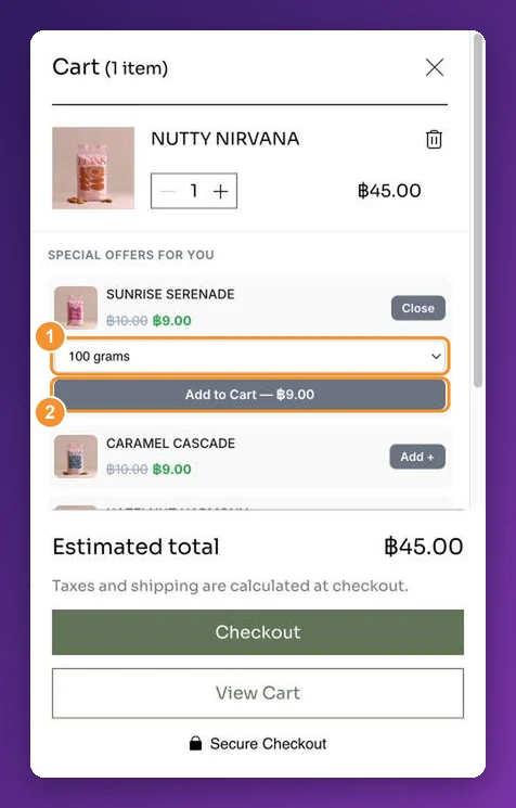 A side cart offer showing a Select Size dropdown and an Add to Cart button with the discounted price