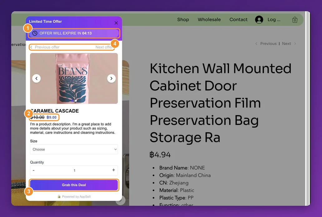 A live upsell popup with the countdown bar at the top