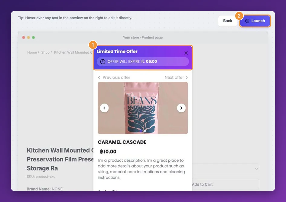 The funnel editor preview showing the countdown bar at the top of the offer and the Launch button