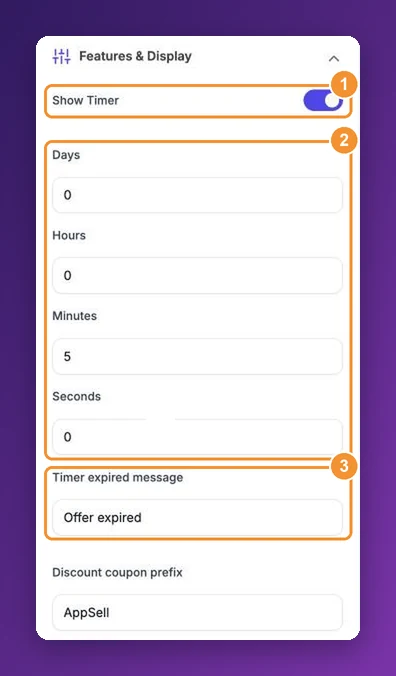Features and Display settings: Show Timer toggle, days, hours, minutes, seconds and timer expired message