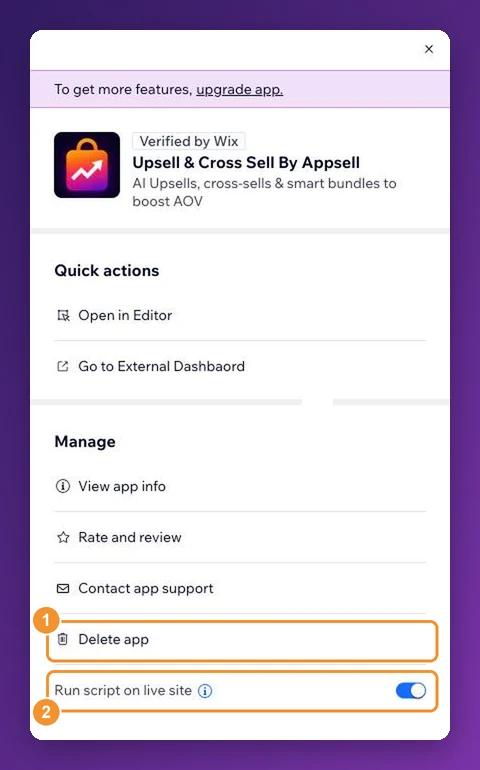 The AppSell panel in Wix Manage Apps with Delete app and Run script on live site