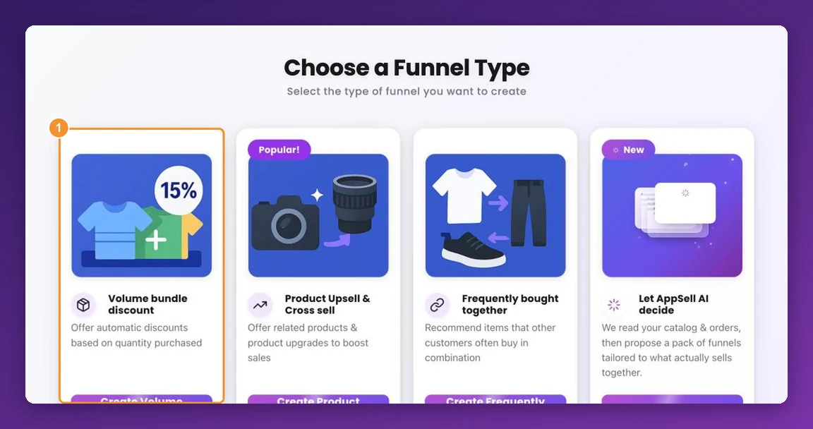 The Choose a Funnel Type screen in AppSell with the Volume bundle discount card highlighted