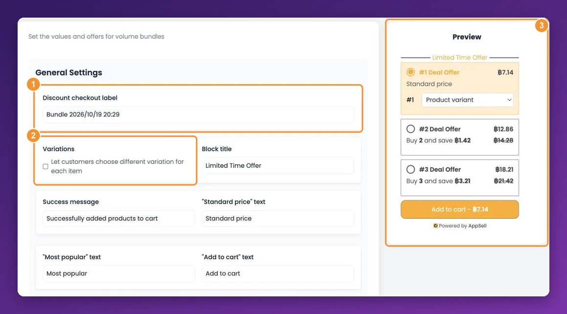 General Settings with the discount checkout label, the variations checkbox and the live preview highlighted