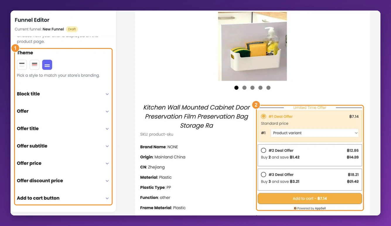 The funnel editor with theme and style sections, and the volume bundle tiers shown on a real product page